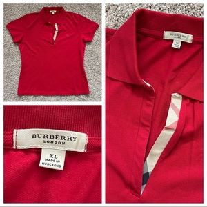 Burberry London Red Short Sleeve Nova Check No Button Collared Shirt Size XL